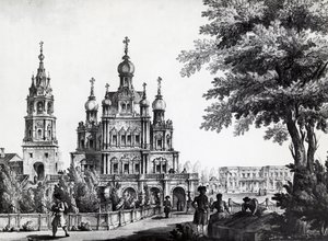 Kostel Nanebevzetí Panny Marie a Gagarinův palác v Moskvě, kresba Giacomo Quarenghi Domenico (1744-1817), tisk, Rusko