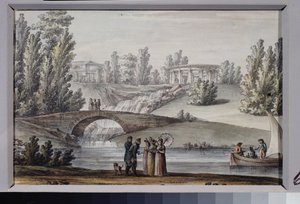 Apollónův chrám a vodopád v parku Pavlovsk (Saint Petersburg). Dílo Giacoma Antonia Domenica Quarenghiho (1744-1817), tuš a akvarel na papíře, cca 1800. Italské umění