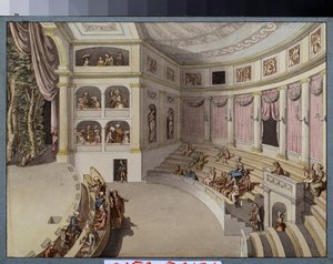 Projekt výzdoby divadelního sálu. Dílo Giacoma Antonia Domenica Quarenghiho (1744-1817), tuš a akvarel na papíře. Italské umění, klasicismus. Státní muzeum výtvarných umění A. Puškina, Moskva.