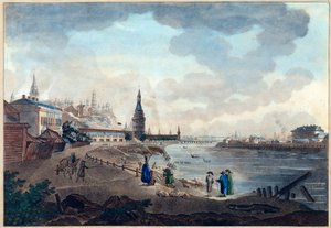 Pohled na moskevský Kreml z Kamenného mostu přes Moscovu (Moskva nebo Moskwa). Dílo Giacoma Antonia Domenica Quarenghiho (1744-1817), akvarel a tuš na papíře, cca 1790. Italské umění