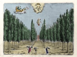 Ilustrace k opeře o 5 dějstvích „La finta pazza““ (La Folle supposee) od Francesca Sacratiho. Rytina Jacopo Torelli