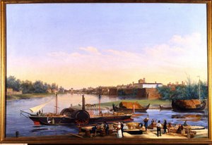 Pohled na přístav Pavia (Pavia) na Pádu a parník Principessa Clementina””””” Obraz Giacoma Trecourta (1812-1882) 19. stol.