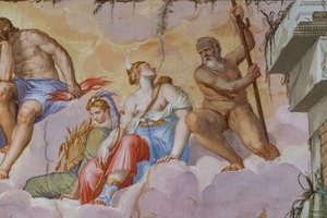 Ceres (bohyně sklizně se svazkem klasů) a Diana (bohyně lovu s lukem), detail komnaty Olympu, kolem 1557 (freska)