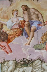 Juno a Jupiter ležící na oblacích, nad architektonickými ruinami, detail komnaty Olympu, kolem 1557 (freska)