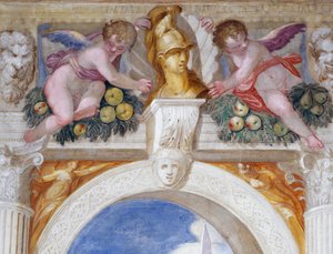 Putti s bustou hrdiny mezi maskarony a ovocnými girlandami od Giambattista Zelotti