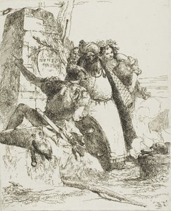 Kouzelník, voják a tři postavy sledující hořící lebku od Scherzi od Giambattista Tiepolo