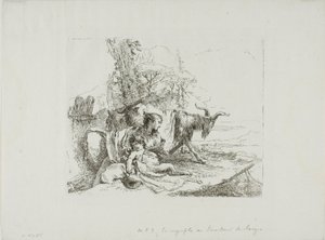 Nymfa s malým satyrem a dvěma kozami, od Capricci od Giambattista Tiepolo