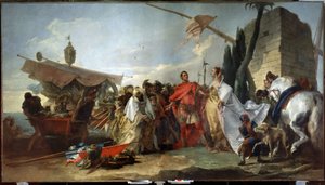 Jules Cesar setkání s Kleopatrou (Caesar meets Cleopatra). Obraz Giandomenica Tiepola (1727-1804). Olej na plátně, 337 x 608 cm