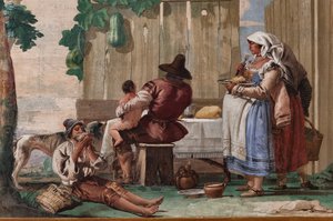 Rolnická rodina u stolu, z pokoje rustikálních scén, v Foresteria (hostinec) 1757 (freska)