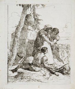 Kouzelník ukazuje na hořící hlavu dvěma mladíkům, c. 40. léta 18. století od Giovanni Domenico Tiepolo