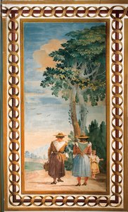 Tři rolníci při pohledu zezadu, z pokoje rustikálních scén, v Foresterii, 1757 od Giovanni Domenico Tiepolo