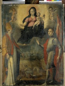 Madone a dítě se svatými Mercuriale (patron města Forli) a Valeriano (olej na panelu) od Gianfrancesco Modigliani