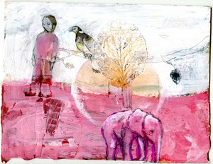 Holub hřivnáč a slon, 2014 (kombinovaná média) od Gigi Sudbury