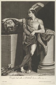 David stojící se zkříženýma nohama a držící hlavu Goliáše na podstavci v l..., ca. 1635-45.