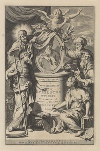 Biblické postavy odhalují portrét Mojžíše Titulní strana pro Wilhelmus Goeree, Přípravy na biblickou moudrost a použití posvátných a církevních dějin, 1690 od Gilliam van der Gouwen