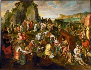 Mojžíš čerpá vodu ze skály (malba na dubovém dřevě)