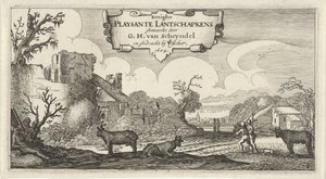 Titulní tisk dvanácti krajin s postavami Eenighe Playsante Lantschapkens (název na objektu) Dvanáct krajin s postavami (název série) od Gillis van Scheyndel (I)