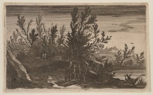 Jezdci na lesní cestě vlevo od rybníka, od Six Landscapes