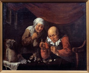 Chamtivý pár starců vážících svůj majetek. Obraz od Gillis Van Tilborgh (nebo Tilborch