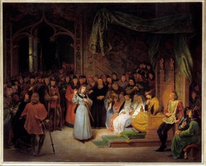 Johanka z Arku (1412-1431) před králem Karlem VII. (1403-1481) v Chinonu, odpověď prelátům, kteří se ptají, únor 1429 Obraz Gillot Saint-Evre (1791-1858) 1832 ne. 1,42 x 1,67 m