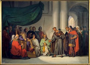 První křížová výprava: „“ Východní císař Alexis Comnene (1048-1118) přijímá Petra Poustevníka, který ho přišel nabádat ke křížové výpravě v Konstantinopoli v srpnu 1096““ Obraz Gillot Saint Evre (1791-1858) 1839 Ne. 0,98 x 1,36 m Versailles. Zámecké muzeum