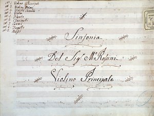 Detail první strany houslové partitury k symfonii Gioacchina Rossiniho od Gioachino Rossini