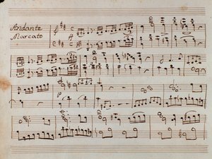 První strana notového záznamu pro zmenšenou symfonii pro klavír Tancrediho, opera Gioacchino Rossini