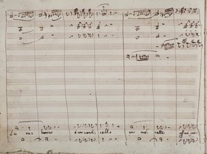 Hudební partitura pro árii La calunnia e un venticello v Lazebníkovi sevillském (inkoust na papíře)
