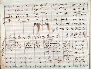 Hudební partitura pro árii Questavventura, v Lazebři sevillském (inkoust na papíře)