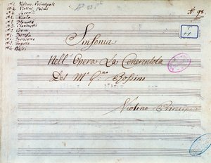 Titulní strana partitury houslí pro symfonii v Popelce nebo Vítězná dobrota od Gioachina Rossiniho od Gioachino Rossini