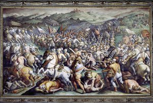 Bitva u Scannagalla ve Valdichianě (Val di Chiana). Freska od Giorgia Vasariho a jeho ateliéru (1511-1574). Palazzo Vecchio (Salone dei Cinquecento)