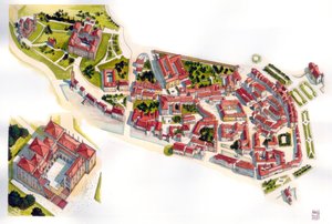 Pohled na město Guimaraes: vlevo hrad a klášter z 11. století. Portugalsko. Ilustrace: Giorgio Albertini. (Užití díla tohoto autora není podmíněno žádostí o autorizaci třetí osoby ani t od Giorgio Albertini