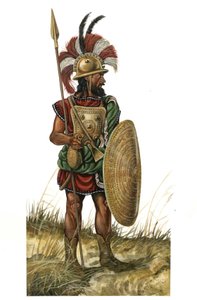 Starověký Řím (archaické období 753-530 př. n. l.): vyobrazení válečné zbraně, přilba, štít, kopí (panovnické období 8. století př. n. l.) od Giorgio Albertini