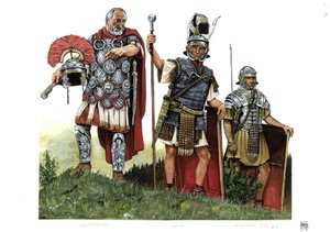 Starověký Řím: centurio, optio (posel mezi centuriony a dekurenty) a legionář. 2. století od Giorgio Albertini
