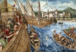 Kolonizace Zlatého pobřeží (Ghana) v Africe: Portugalci se vydali na guinejské pobřeží 21. ledna 1482 a postavili pevnost Sao Jorge de Mina (Elmina), aby posílili obchod se zlatem a otroky. Portugalské karavely zastoupené podél afrického pobřeží. Il od Giorgio Albertini