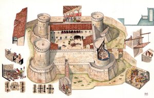 Detail vzdušného pohledu na aragonský hrad Venosa, který nechal postavit Pirro del Balzo v roce 1470 nedaleko Potenzy v italské Basilicatě Poháry umožňují vidět vězně v celách uvnitř věží, které sloužily jako vězení. Detailní pohledy ukazují vojáky v obran od Giorgio Albertini