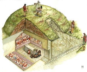 Etruská civilizace: rekonstrukce a řez hrobkou Triclinio (triclinium), nekropole Tarquinia. 5. století př. n. l. Itálie Ilustrace Giorgio Albertini. od Giorgio Albertini