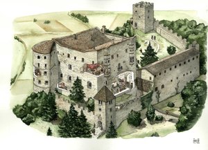 Středověká architektura: pohled na hrad Pergine s prostřihy umožňujícími nahlédnout do života obyvatel v místnostech hradu v 16. století. Pergine Valsugana, Trento, Itálie Ilustrace: Giorgio Albertini. (Použití děl tohoto autora od Giorgio Albertini