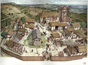 Středověk: letecký pohled na italskou vesnici v 10. století od Giorgio Albertini