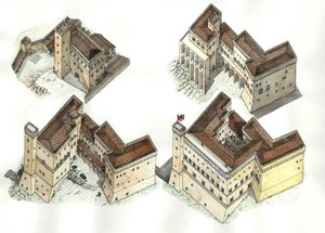 Středověk: letecký pohled na různé fáze výstavby Vatikánského paláce (Vaticano) mezi 12. a 15. stoletím. Řím Itálie od Giorgio Albertini