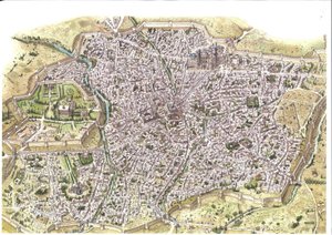 Středověk: detailní letecký pohled na město Samarkand (Samarkand), jsou vidět hradby, v Uzbekistánu v době mongolské dynastie Čajbanidů. 1450 v okolí Střední Asie. Ilustrace: Giorgio Albertini. (Použití díla tohoto autora je od Giorgio Albertini
