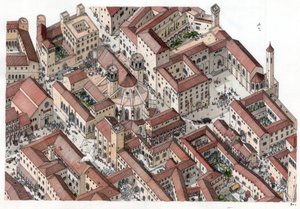 Středověk: obnovení historické čtvrti Barri Gotic (barrio gotico) v Barceloně ve 14. století. Je zde vidět katedrála svaté Eulálie (Cathedrale Sainte-Eulalie). Španělsko Ilustrace: Giorgio Albertini. (Použití děl tohoto autora není pod od Giorgio Albertini