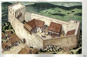 Středověk: rekonstrukce katarského hradu Montsegur (dokončeného ve 13. století), Ariege, Francie. od Giorgio Albertini