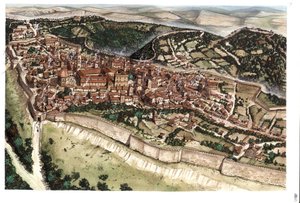 Středověk: pohled na středověké město Volterra obehnané hradbami ve 14. století. Toskánsko. Itálie Ilustrace: Giorgio Albertini. (Užití díla tohoto autora nepodléhá žádosti o autorizaci třetí strany ani t od Giorgio Albertini