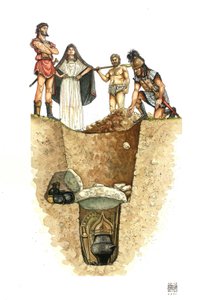 Neolit: řez vilanovským hrobem (vilanovská kultura), urny s popelem zemřelých jsou uloženy ve studních (balotových polích), 8. století př. n. l. Etrurie, Itálie od Giorgio Albertini