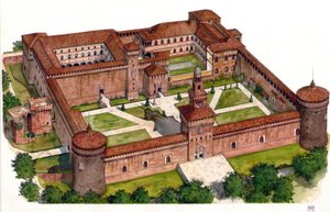 Přehled hradu Sforza (Castello Sforzesco), který nechal v 15. století postavit vévoda Francesco Sforza v italském Miláně. od Giorgio Albertini