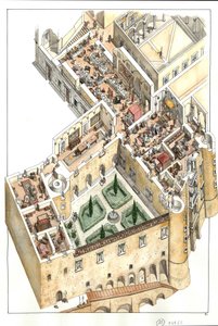 Rekonstrukce šlechtické podlahy vévodského paláce v Urbinu, Itálie. Nechal jej postavit vévoda Federico da Montefeltro (Frederic de Montefeltre, vévoda z Urbina) v 15. století. od Giorgio Albertini