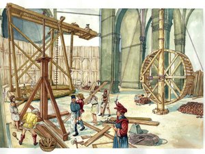 Renesance: rekonstrukce staveniště kopule kostela Santa Maria del Fiore (Duomo) podle plánů architekta Filippa Brunelleschiho. 1436. Florencie Itálie Ilustrace: Giorgio Albertini. (Použití díla tohoto autora není s od Giorgio Albertini