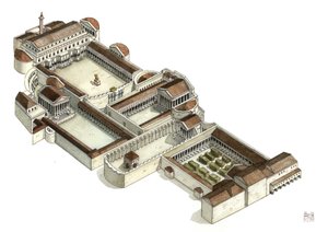 Římská antika: rekonstrukce Trajánova fóra (foro di traiano) ve 3. století n. l., Řím. Itálie. od Giorgio Albertini