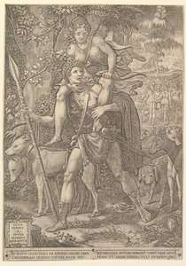 Alegorie lovu, lovec držící velké kopí nesoucí na svém shou ženu Dianu..., 1556. od Giorgio Ghisi